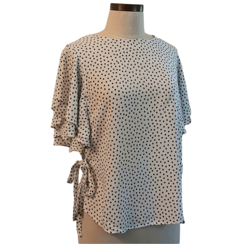 Zara Basics Side Tie , Ruffled Blouse W White Stars. Medium.